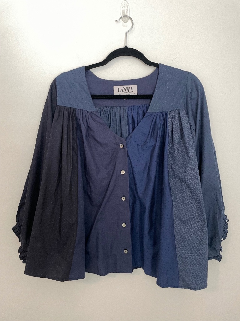 LOTI Navy Blue Upcycled Patchwork Peasant Blouse, Boho Ruffle Top, Women's Small